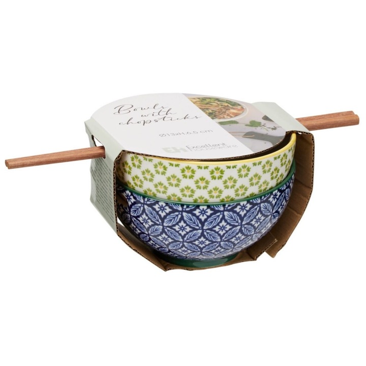 Set 2 boluri portelan cu betisoare bambus HowHomely, modele decorative, multicolor, 15x8cm
