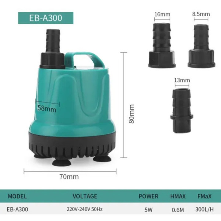 Потопяема помпа 5W, пластмаса, 1.5м кабел, безшумна, 360° абсорбция, 220-240V