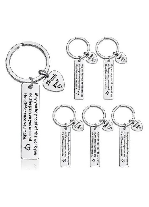 6 db rozsdamentes acél kulcstartó szett, inspiráló üzenetekkel, ezüst színű, 3x3cm