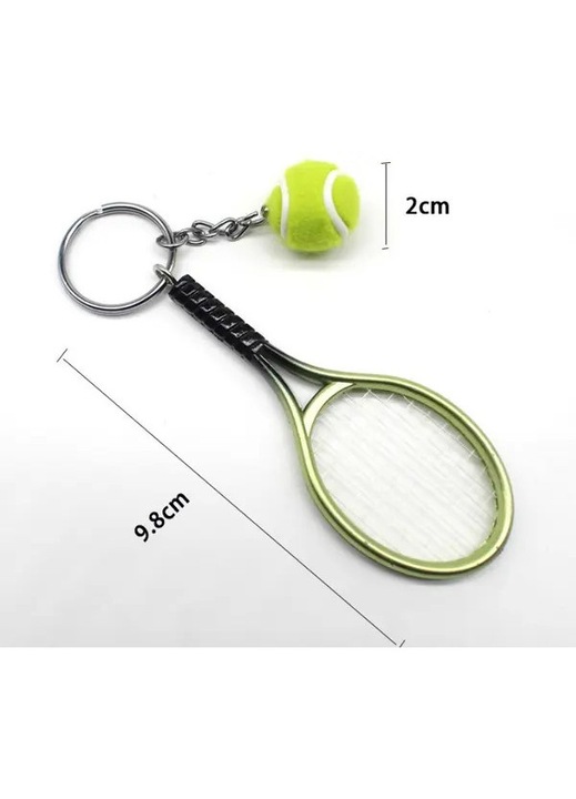 Zöld mini teniszütő kulcstartó 9.8cm labda 2cm