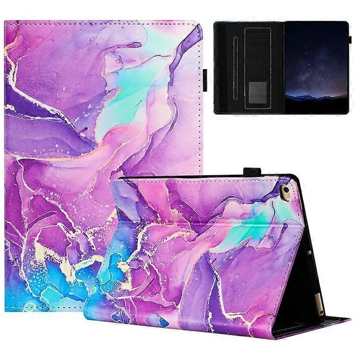 Husa tableta marmura, piele PU, suport pix, mov, 7.9 inch