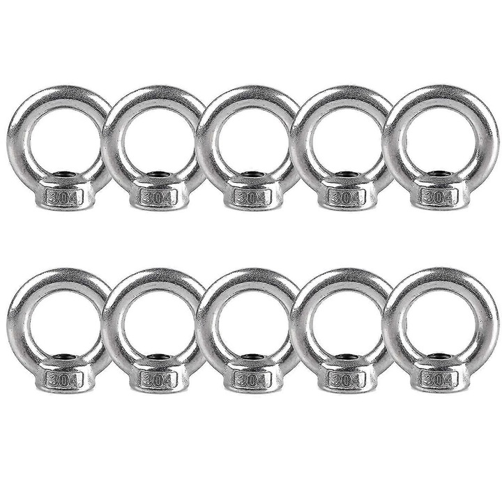 Set 10 piulite cu ochi M8, otel inoxidabil 304, argintiu, 3x2cm
