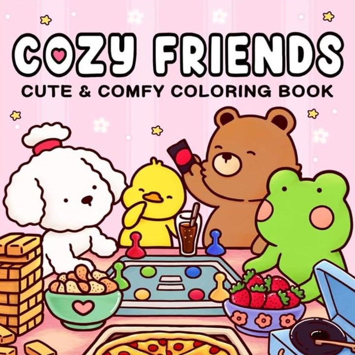 Carte de Colorat Cozy Friends, Coperta Cartonata, Desene Haioase, 40 pagini, 21x21cm, Cadou pentru copii, adolescenti si adulti