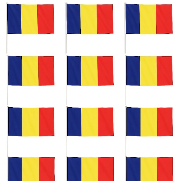 Set 12 steaguri de mana Romania 20 x 30 cm, tricolor, poliester, cu suport, pentru evenimente si serbari