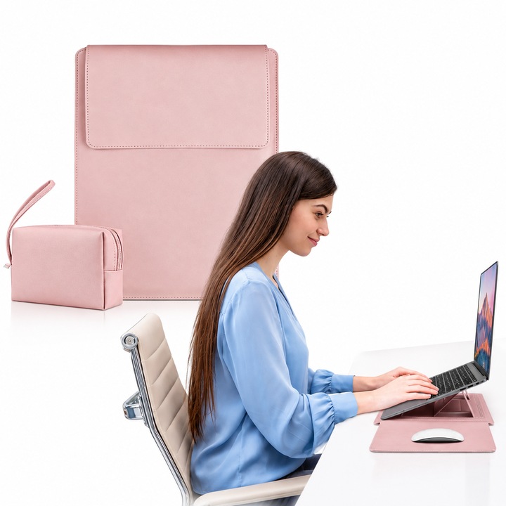 Husa laptop, Puepoul, 4 in 1 suport mousepad, 3 unghiuri, 13-14 inch, piele PU, roz