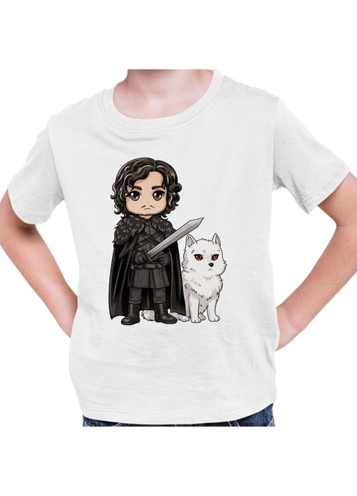 Gyerek Fiú Póló Game of Thrones Jon Snow Ghost Wolf, Fehér