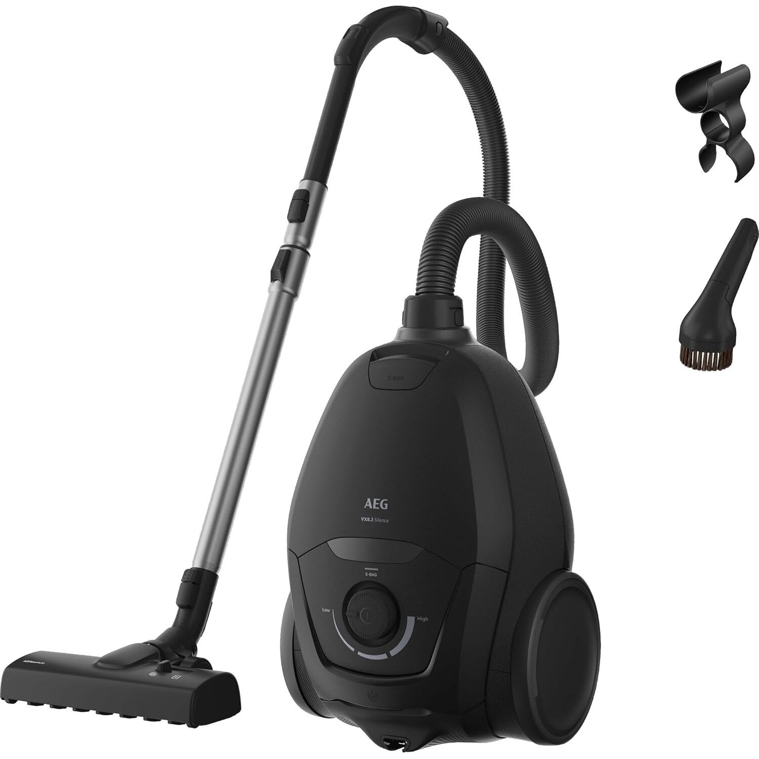 Aspirator cu sac AEG VX83-2EBR, 750 W, filtru HEPA Allergy Plus lavabil, 64 dB, raza de actiune 12 m, perie AllFloor, reglare continua a puterii, negru