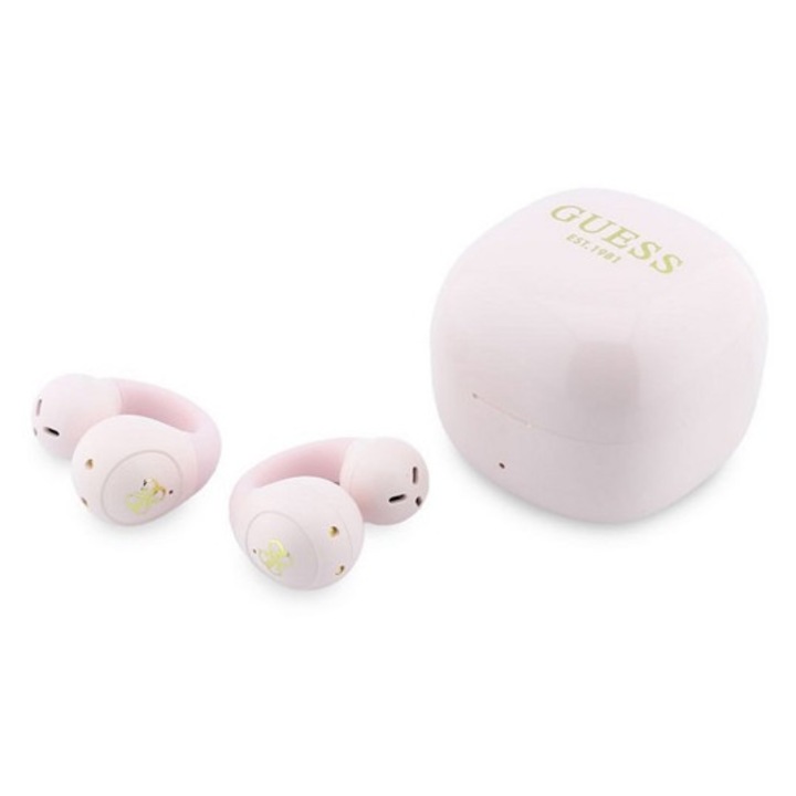 Guess mini classic logo bluetooth fülhallgató sztereo, v6.0, tws, fülre csíptethető, mikrofon + töltőtok, rózsaszín