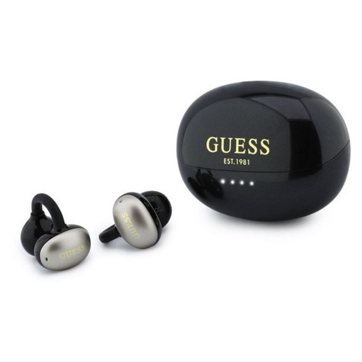 Guess metallic finish classic bluetooth fülhallgató sztereo, v6.0, tws, fülre csíptethető, mikrofon + töltőtok, fekete