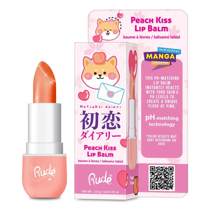 Balsam de buze pH-reactiv, care isi schimba culoarea, cu aroma de piersica, Peach Kiss, Manga Collection, Rude Cosmetics, 3.5 g