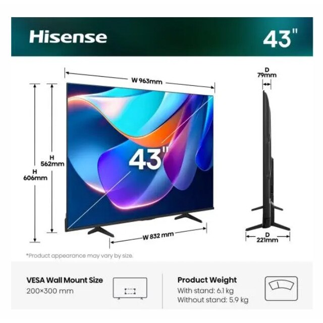 Televizor Hisense 43" A6S, 4K Ultra HD 3840x2160, DLED, DFA, Precision Colour, HDR 10+, HLG, Dolby Vision, Senzor de lumină, Smart TV, WiFi, BT, AnyView Cast, Mod Gaming, 1xHDMI2 eArc, 3xHDMI, 2xUSB, LAN, CI+, DVB-T2/C/S2, Negru 43A6S