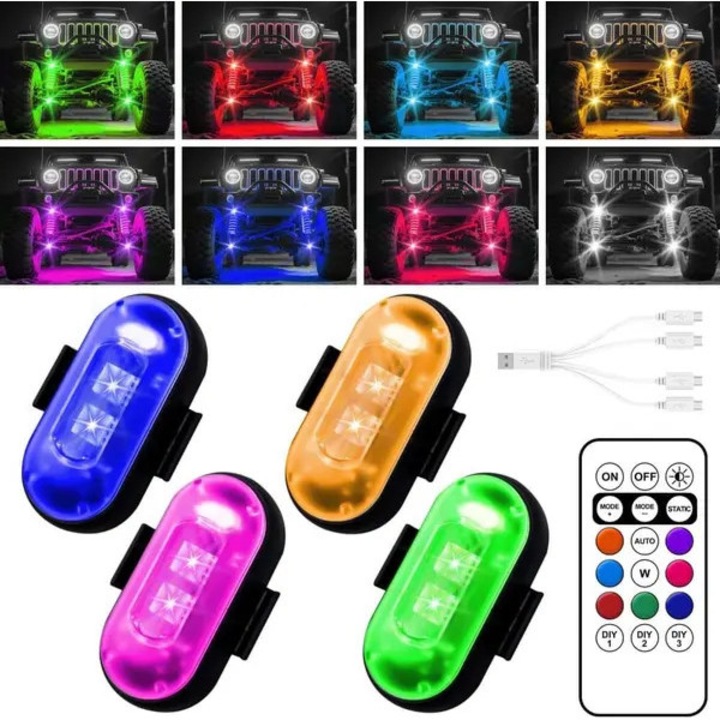 Комплект от 4 безжични RGB LED стробоскоп светлини с дистанционно управление, 8 цвята, 10 режима, USB презареждащи се, водоустойчиви IP65, 6x2cm