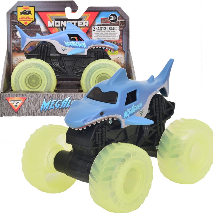 Monster Jam – Világító kerekű jármű, 1:43 méretarány, Megalodon