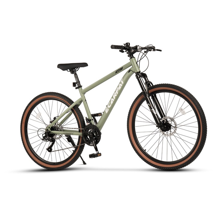 Velors Boost JSXE27301A MTB hegyikerékpár, integrált kábeles váz, első felfüggesztés, 27.5 hüvelykes kerék, MTB profilú gumiabroncs, első/hátsó tárcsafék, 21 sebesség, olívafehér színben