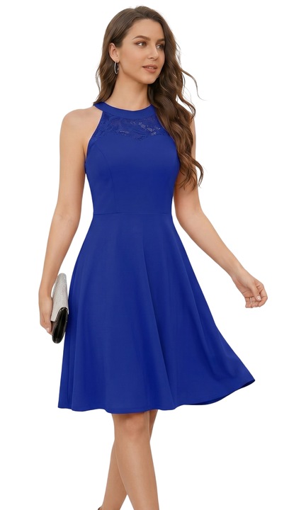 Női ruha, Bbonlinedress, midi, 3XL, 94% nylon, 6% elasztán, sötétkék, virágos csipkéből, halter nyakú, A-vonalú, térdig érő