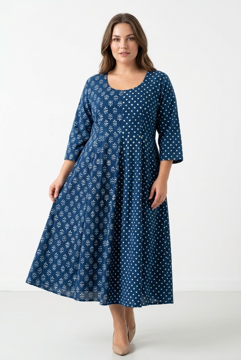 Bő szabású midi ruha kézzel nyomott pamutból, indigókék, 3XL méret