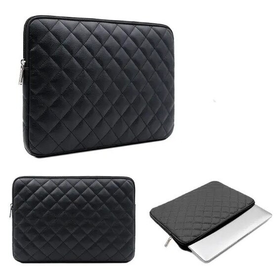 Husa pentru laptop din piele ecologica (PU) matlasata, captuseala moale, neagra, 14 inch