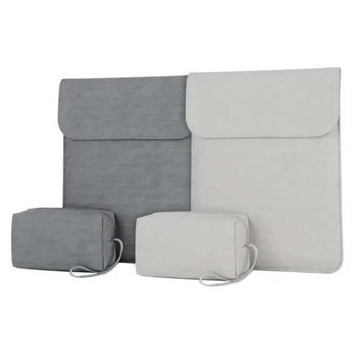 Husa pentru laptop 13,3" din piele PU, cu magnet ascuns, captuseala moale, rezistenta la apa, include geanta pentru accesorii, gri inchis, 35.2 x 26.7 cm, PRE-CJk0515-26-0806-1931