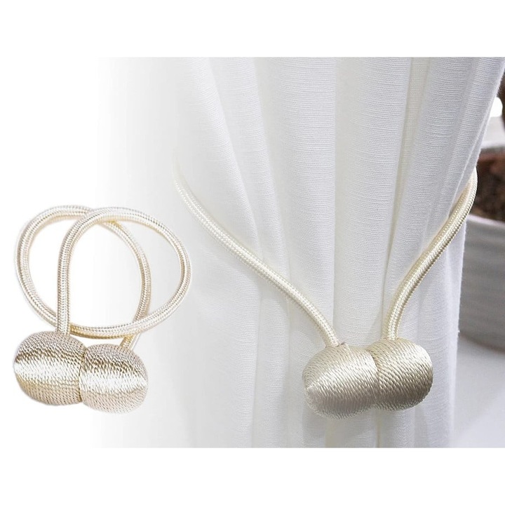 Set 2 suporturi magnetice pentru perdele, snur decorativ din poliester, 44 cm, auriu deschis
