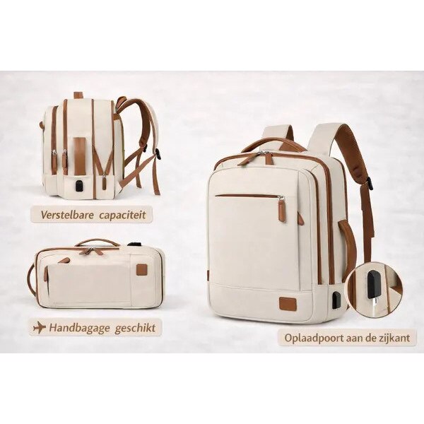 Rucsac laptop din material sintetic cu port USB, compartiment laptop, buzunar wet-dry, 24L, bej/maro, IZO-CJ-K0502-2026-0721-365
