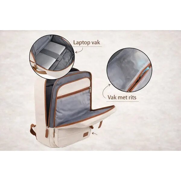 Rucsac laptop din material sintetic cu port USB, compartiment laptop, buzunar wet-dry, 24L, bej/maro, IZO-CJ-K0502-2026-0721-365
