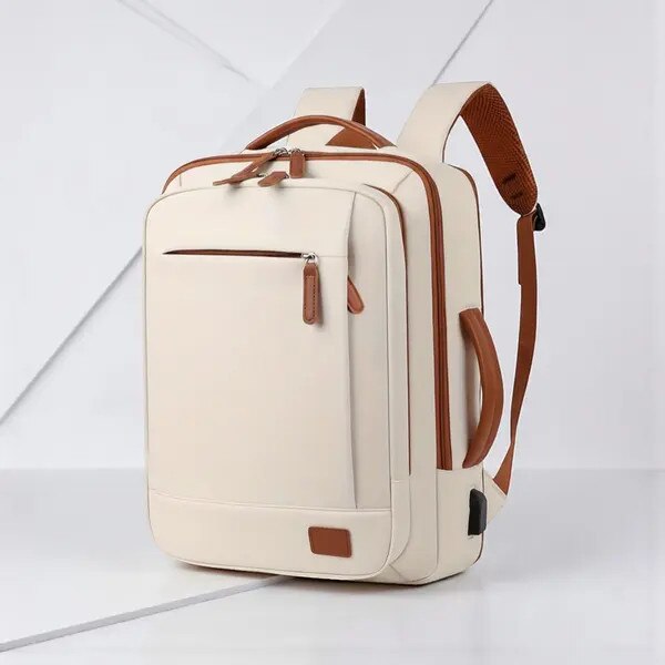Rucsac laptop din material sintetic cu port USB, compartiment laptop, buzunar wet-dry, 24L, bej/maro, IZO-CJ-K0502-2026-0721-365