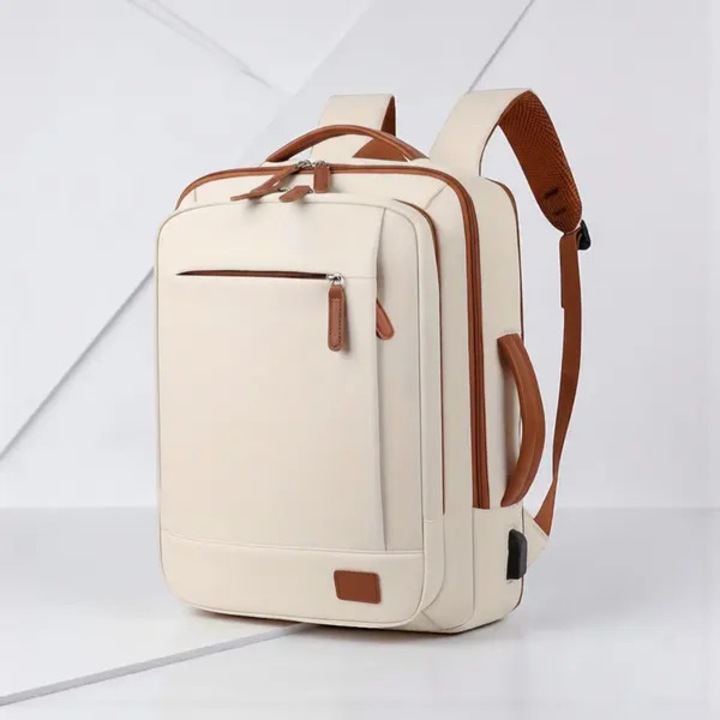 Rucsac laptop din material sintetic cu port USB, compartiment laptop, buzunar wet-dry, 24L, bej/maro, IZO-CJ-K0502-2026-0721-365
