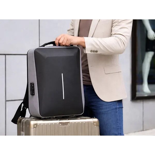 Rucsac antifurt pentru laptop din material textil cu panou frontal rigid, incuietoare cu combinatie, port USB, reflex, 15 L, gri, 44 x 32 x 12 cm