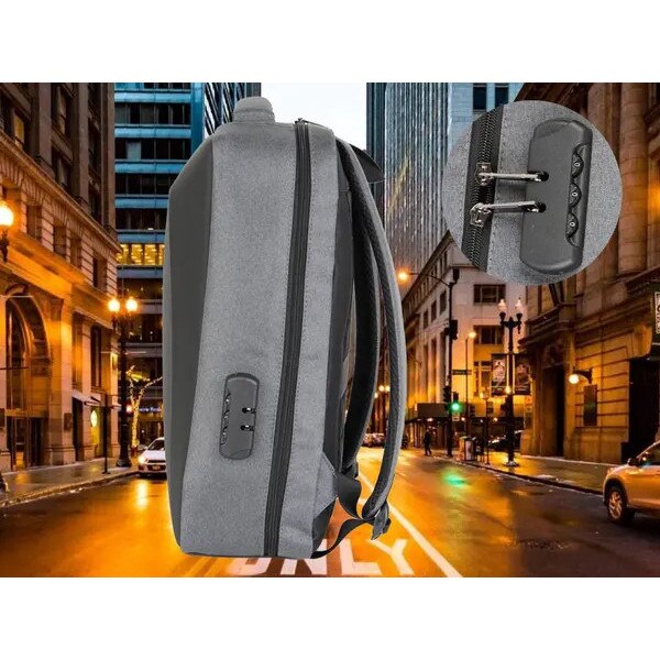 Rucsac antifurt pentru laptop din material textil cu panou frontal rigid, incuietoare cu combinatie, port USB, reflex, 15 L, gri, 44 x 32 x 12 cm