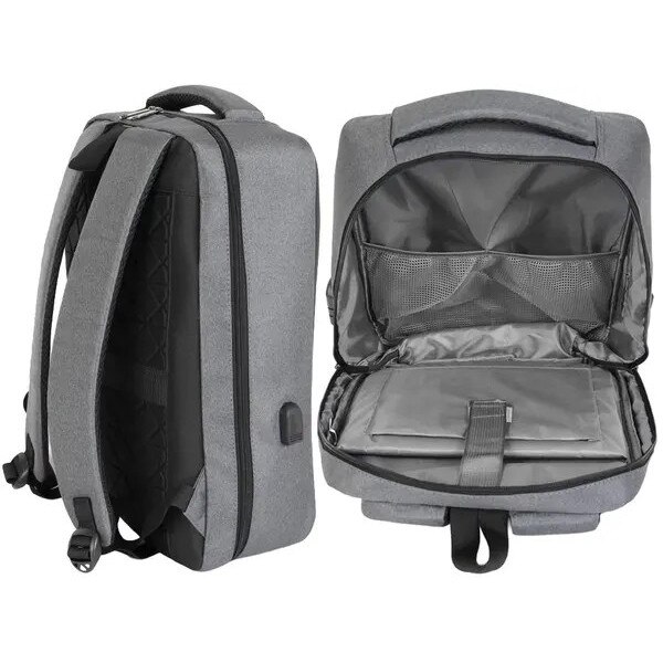 Rucsac antifurt pentru laptop din material textil cu panou frontal rigid, incuietoare cu combinatie, port USB, reflex, 15 L, gri, 44 x 32 x 12 cm
