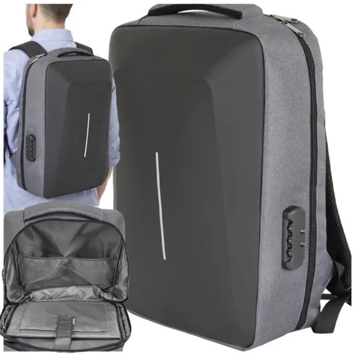 Rucsac antifurt pentru laptop din material textil cu panou frontal rigid, incuietoare cu combinatie, port USB, reflex, 15 L, gri, 44 x 32 x 12 cm
