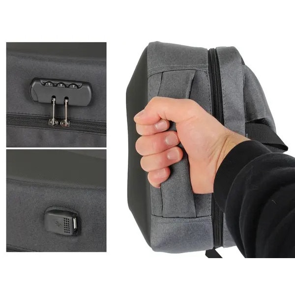 Rucsac antifurt pentru laptop din material textil cu panou frontal rigid, incuietoare cu combinatie, port USB, reflex, 15 L, gri, 44 x 32 x 12 cm