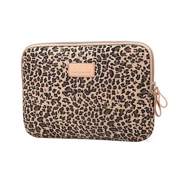 Husa pentru laptop 15,6 inch PRE-CJk0515-26-0806-1960, canvas exterior cu interior neopren, imprimeu leopard bej, dimensiuni interioare 38,3 x 26,3 x 3,5 cm
