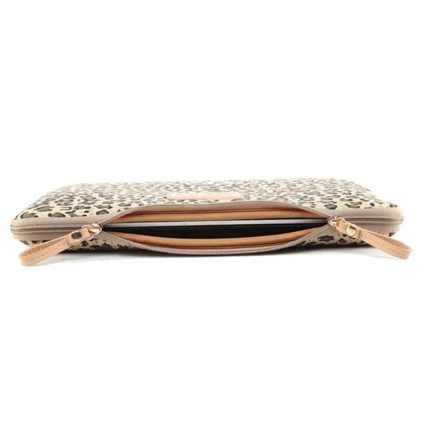 Husa pentru laptop 15,6 inch PRE-CJk0515-26-0806-1960, canvas exterior cu interior neopren, imprimeu leopard bej, dimensiuni interioare 38,3 x 26,3 x 3,5 cm