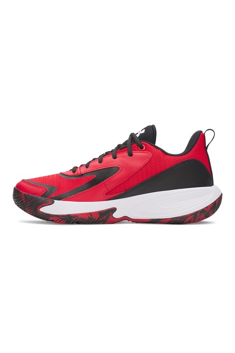 Under Armour, Pantofi din material textil cu insertii din piele pentru baschet, Rosu/Alb/Negru