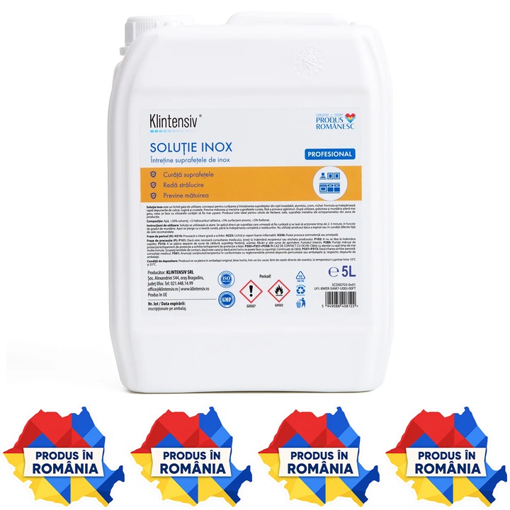 Solutie profesionala curatare inox Klintensiv, pentru suprafete metalice, echipamente HoReCa si utilaje, degresare rapida, luciu de oglinda, biodegradabila, canistra 5 L, 4x Stickere