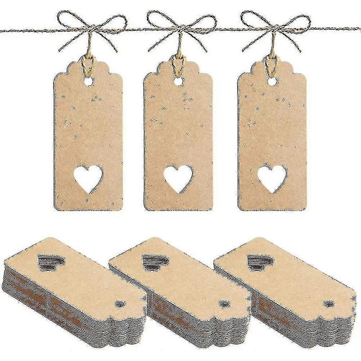 Kraft ajándékcímkék barna zsinórral 4x9cm, 100 db-os szett