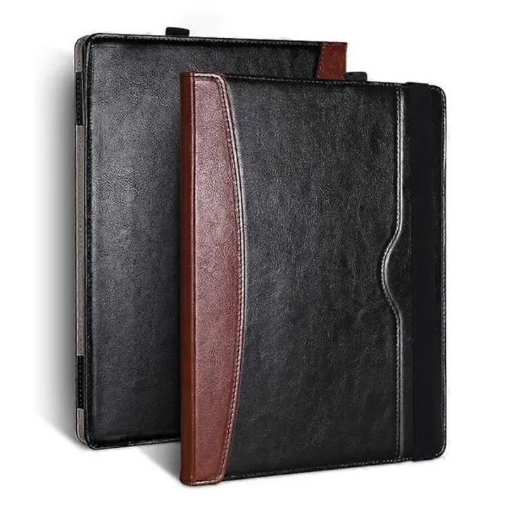 Laptop tok 13.5 inch, PU bőr, fekete-barna, állvánnyal és sarokvédelemmel