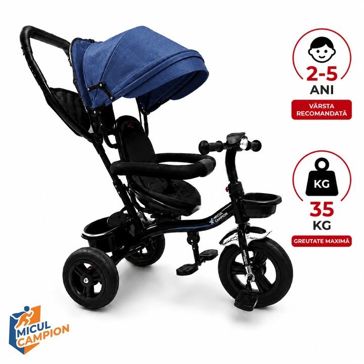 Tricicleta Copii Invincio Micul Campion Explorer, Scaun Reversibil 360°, Lumini si Muzica, Copertina anti ploaie si soare Extensibila si detasabila, Maner Parental, Roti EVA confort, Cos Depozitare, Bara Protectie, 2-5 Ani, Max. 35 Kg, Albastra