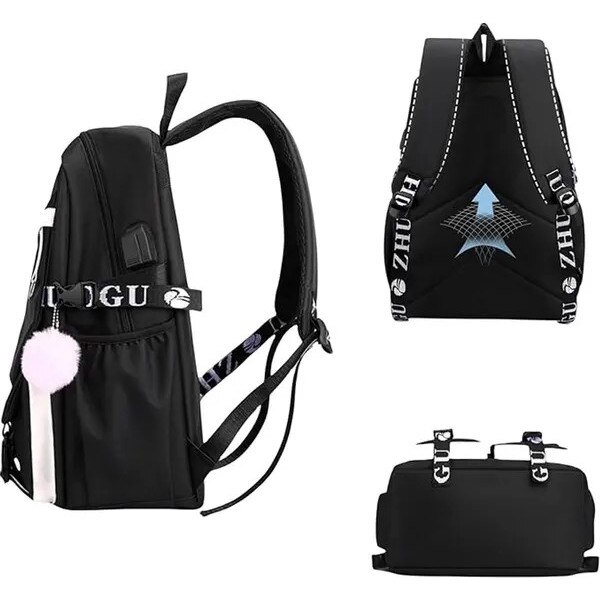 Rucsac laptop din nylon pentru 15,6 inch cu port USB extern, multiple buzunare si bretele S reglabile, pompon detasabil, negru/alb, 29 x 44 x 15 cm (26 L), IZO-CJ-K0497-260806-538