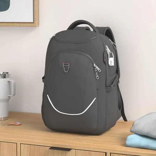 Rucsac pentru laptop din poliester, capacitate 36L, port USB extern, compartiment laptop 180° certificat TSA, sistem anti-furt, negru, pentru laptop pana la 17 inch