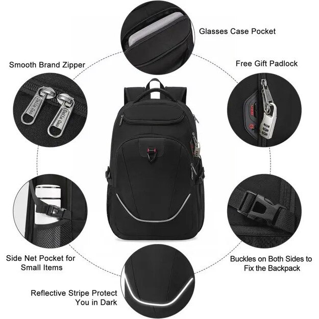 Rucsac pentru laptop din poliester, capacitate 36L, port USB extern, compartiment laptop 180° certificat TSA, sistem anti-furt, negru, pentru laptop pana la 17 inch