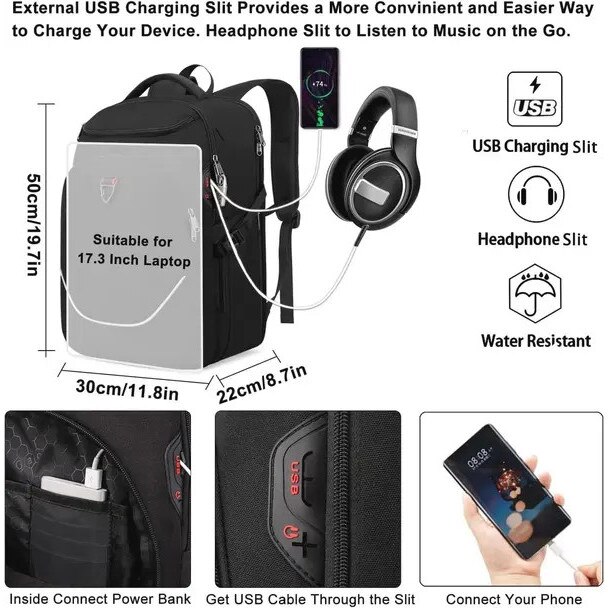 Rucsac pentru laptop din poliester, capacitate 36L, port USB extern, compartiment laptop 180° certificat TSA, sistem anti-furt, negru, pentru laptop pana la 17 inch