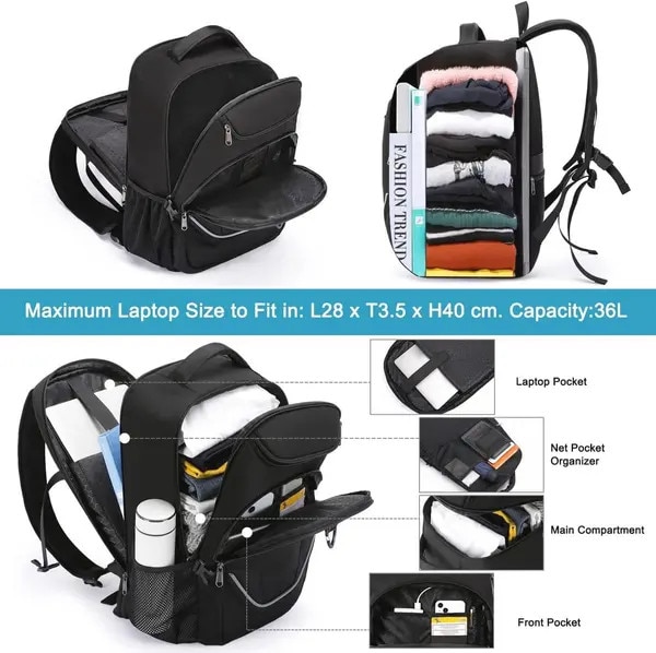 Rucsac pentru laptop din poliester, capacitate 36L, port USB extern, compartiment laptop 180° certificat TSA, sistem anti-furt, negru, pentru laptop pana la 17 inch