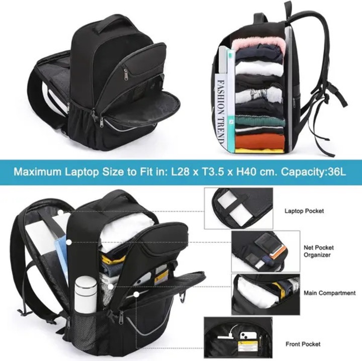Rucsac pentru laptop din poliester, capacitate 36L, port USB extern, compartiment laptop 180° certificat TSA, sistem anti-furt, negru, pentru laptop pana la 17 inch
