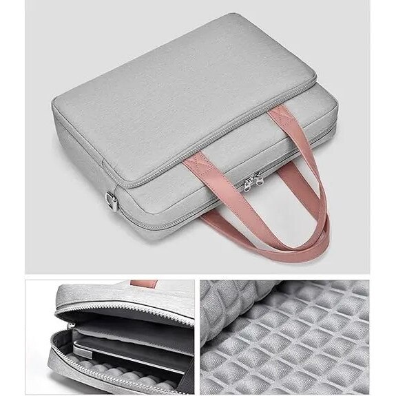 Geanta pentru laptop din poliester de inalta densitate, cu pernite elastice interioare si strat din pearl cotton, buzunar frontal, maner si bretea detasabila, roz, 15,6–16,1 inch