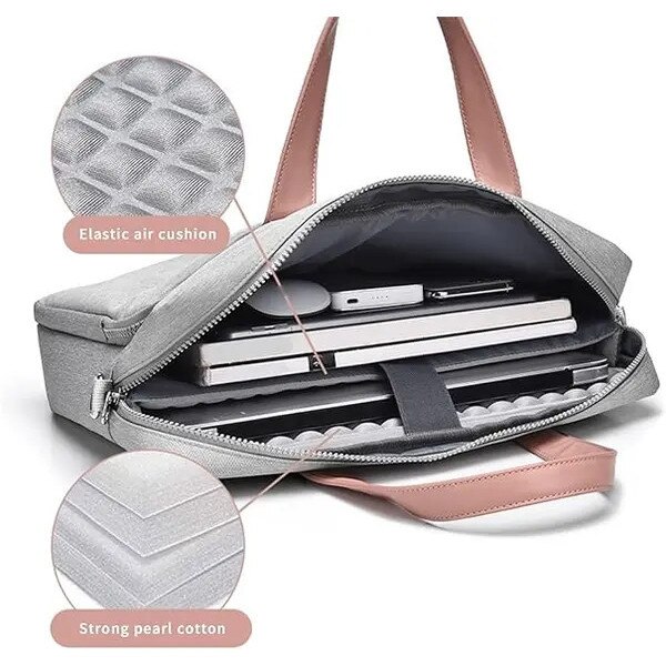 Geanta pentru laptop din poliester de inalta densitate, cu pernite elastice interioare si strat din pearl cotton, buzunar frontal, maner si bretea detasabila, roz, 15,6–16,1 inch