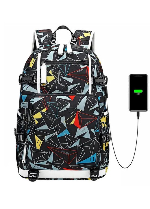 Hétköznapi hátizsák, 30x15x47cm, vízálló nylon, fekete, USB porttal