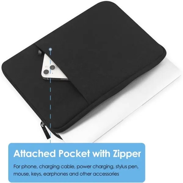 Husa pentru laptop textil, compatibila cu MacBook Air 13.6 (2022–2023) si MacBook Pro 13.3 (2022–2023), buzunar frontal, fermoar, negru, 13–13.6 inch