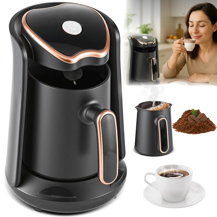 Cafetiera electrica, aparat cafea greceasca, 600W, 300ml pentru 4 cesti, anticurgere, maner ergonomic, pentru cafea greceasca, espresso si ceai.Convenabil si rentabil, usor de utilizat, rezistent la rugina si pete.material ABS, Priza EU. Negru